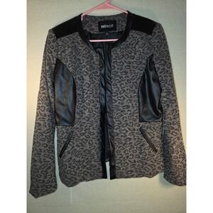 Metrostyle Womens Leopard Animal Print Faux Leather Trim Zip Jacket Grey Small